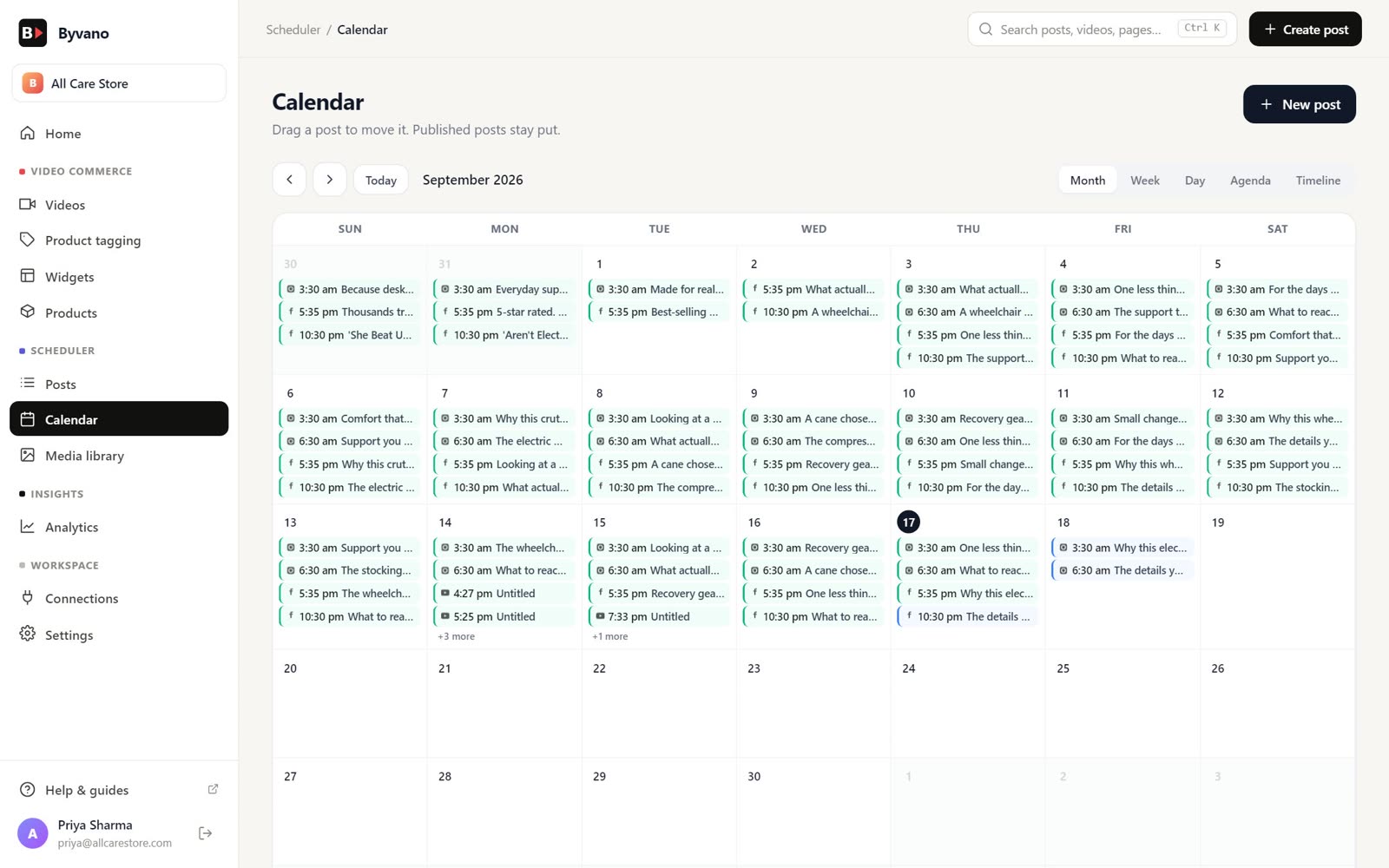 The Byvano content calendar with scheduled posts
