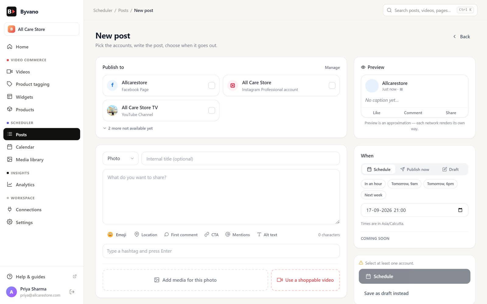 Composing a post in the Byvano scheduler with account picker, preview and scheduling options