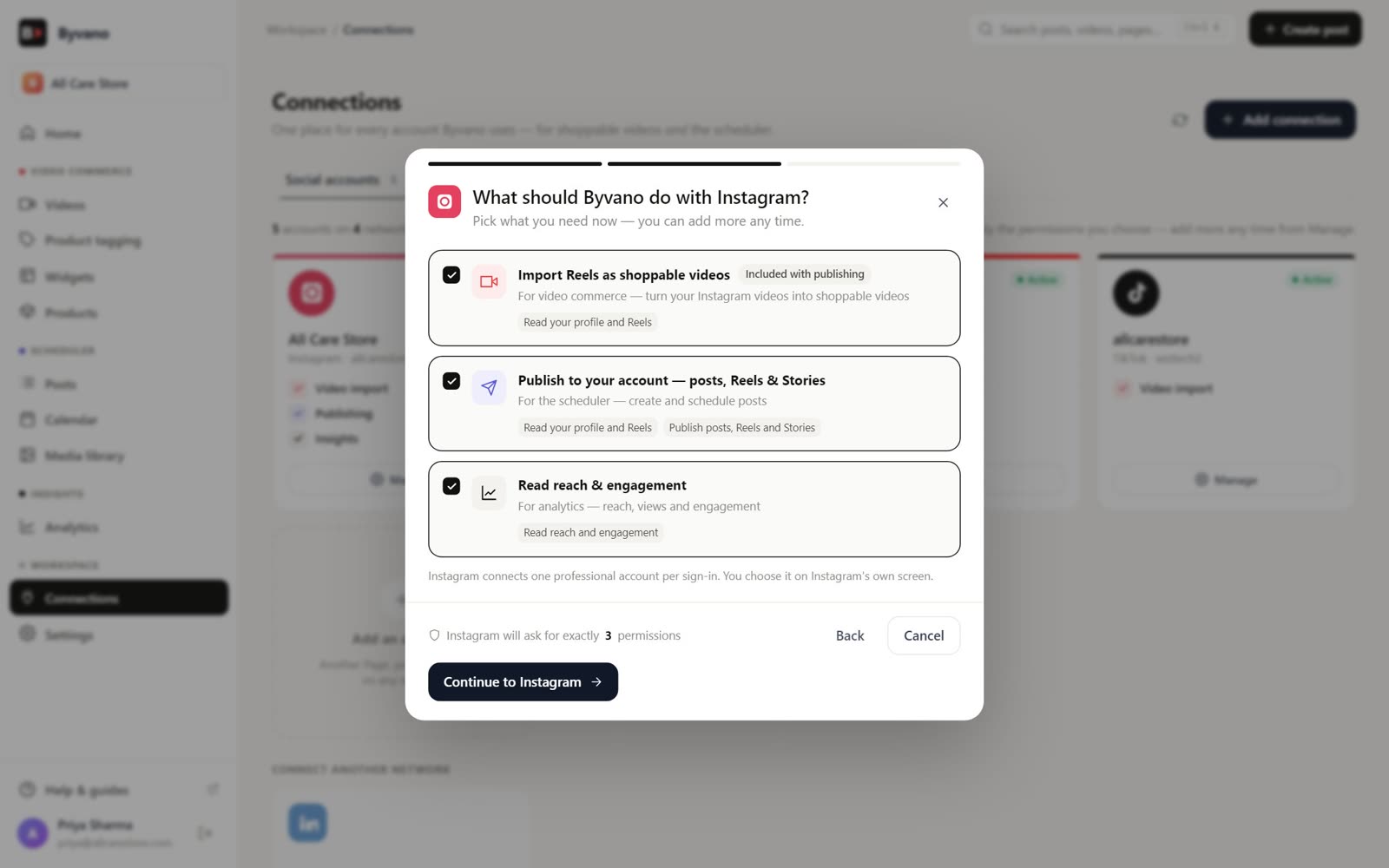 Choosing what Byvano may do when connecting an Instagram account