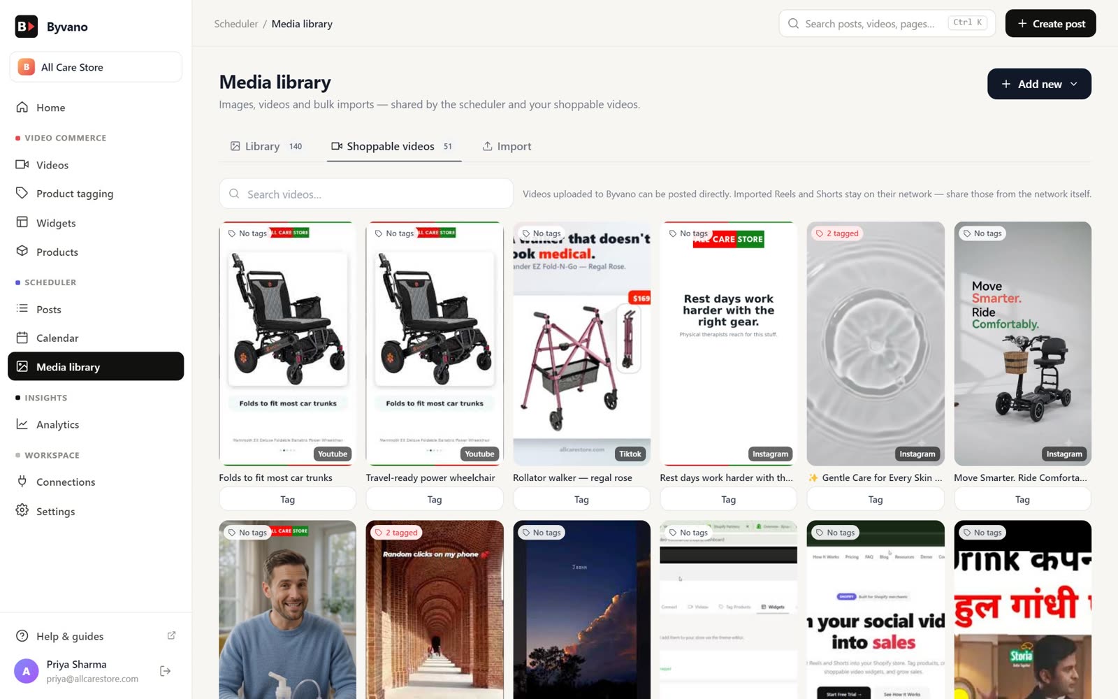 The Byvano media library with images and shoppable videos