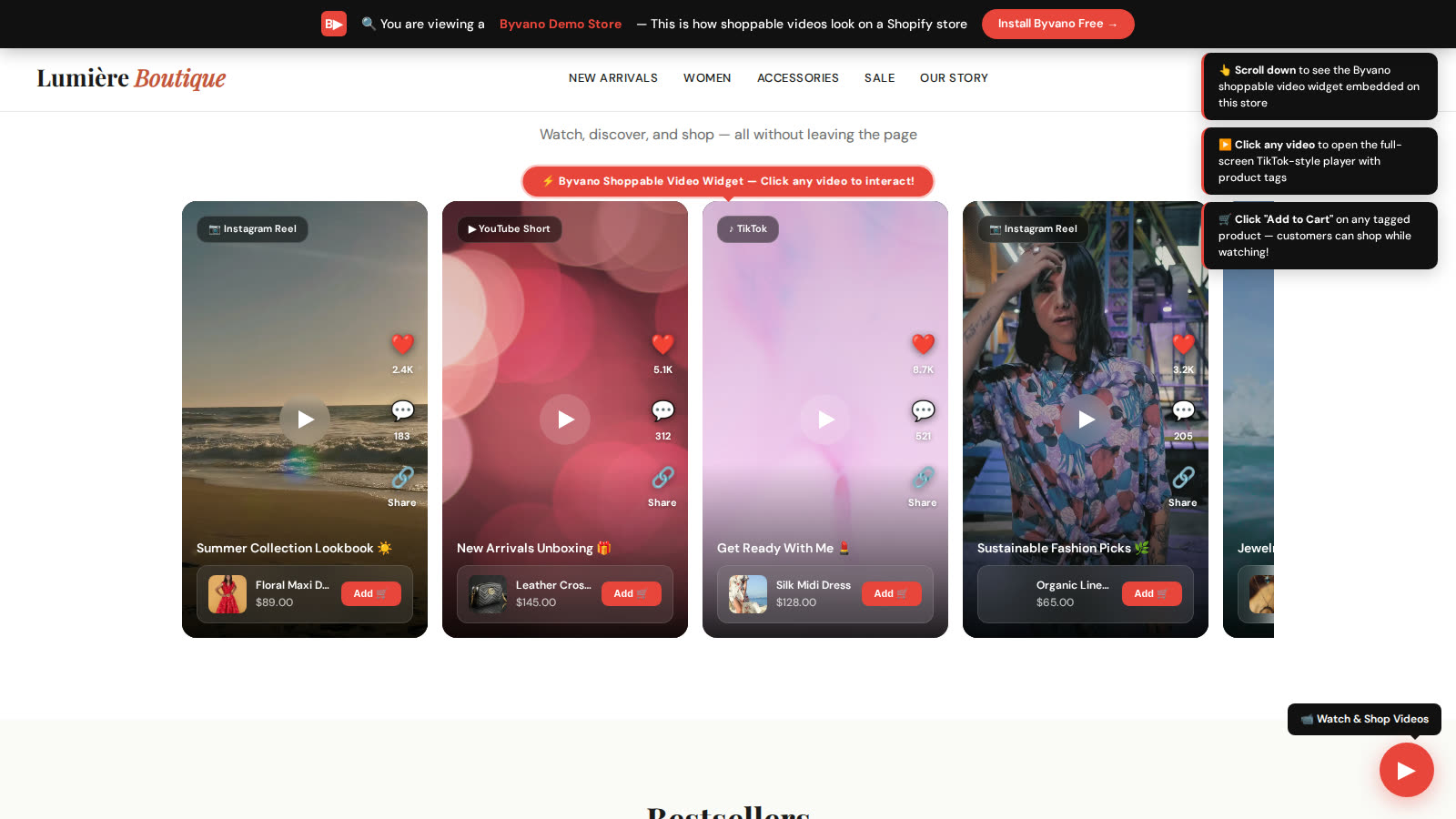 A Byvano shoppable video carousel on a store homepage