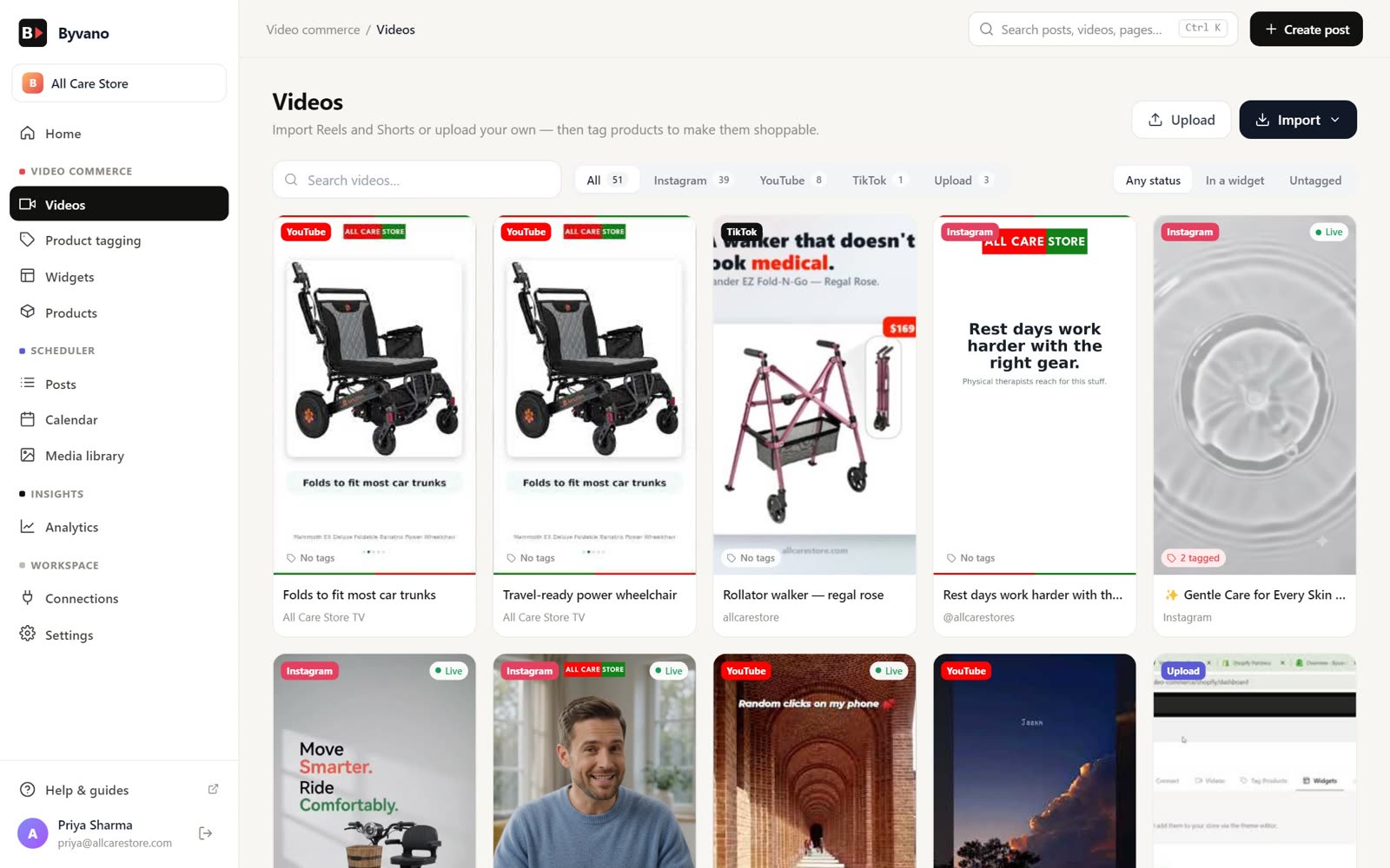 The Byvano video library with imported Instagram, YouTube and TikTok videos