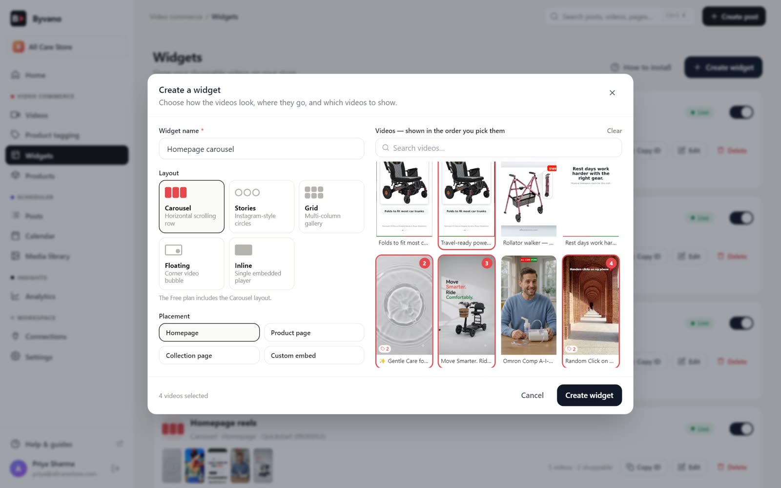 Creating a shoppable video widget in Byvano: layout, placement and video order